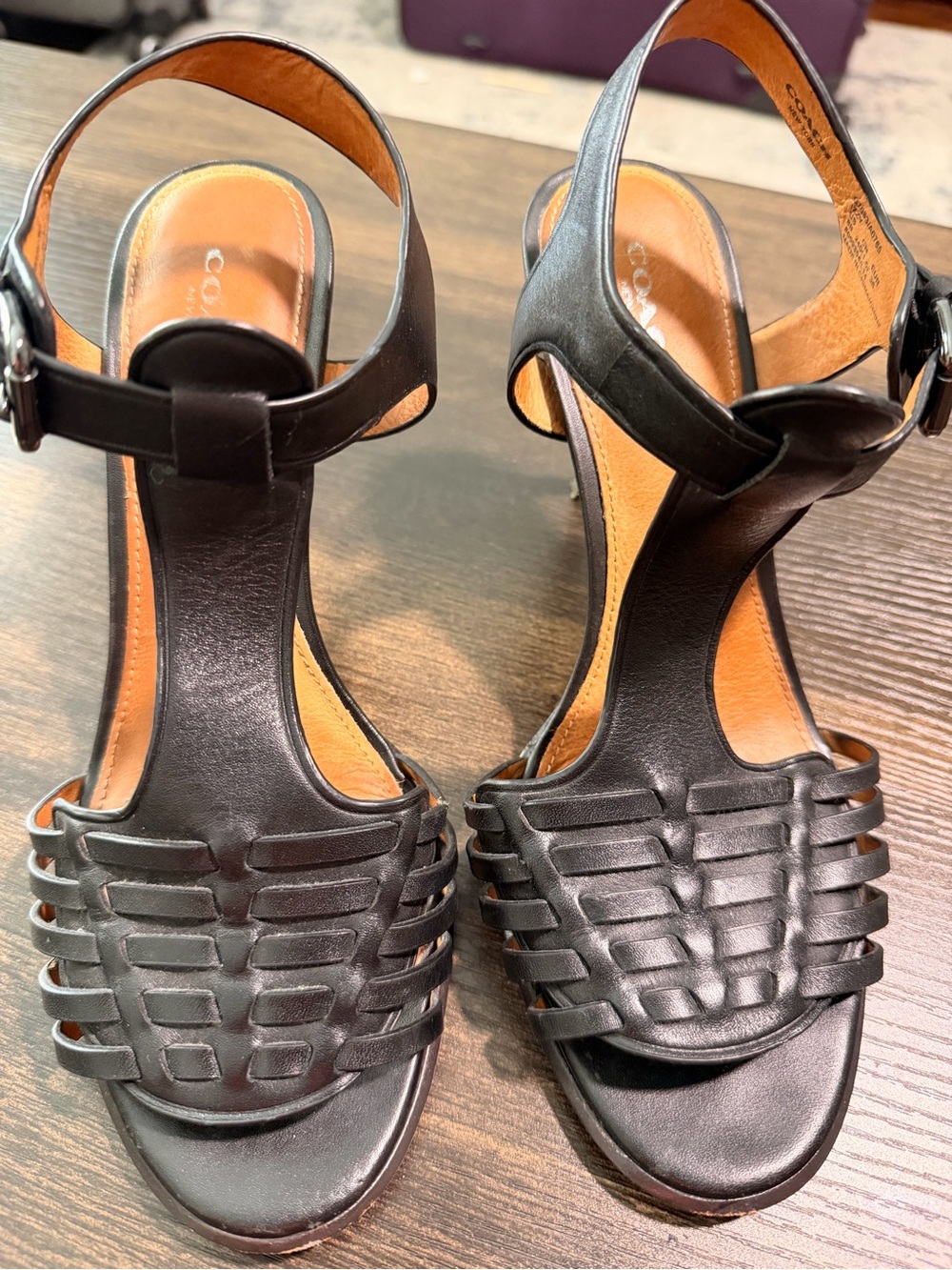 Coach Izzy Woven T-Strap High Heel Sandals Size 8 Black